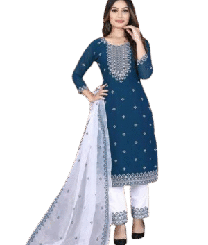 Women’s Embroidered Blue Kurta Set with White Dupatta