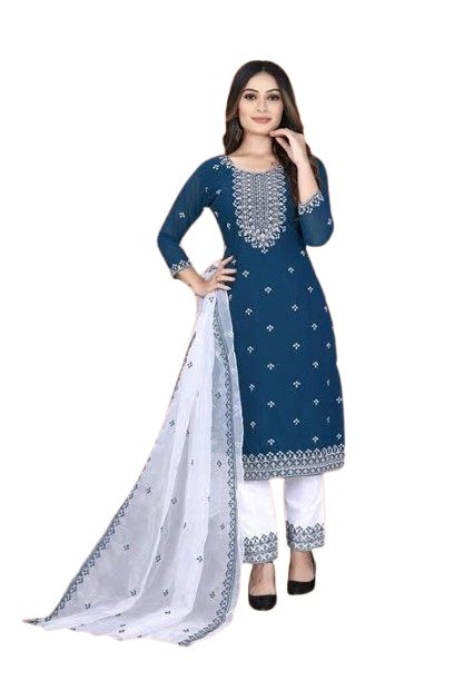 Women’s Embroidered Blue Kurta Set with White Dupatta