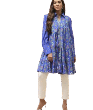 Women’s Blue Floral Printed Tiered Peplum Kurti with White Pants