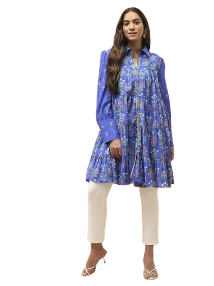 Women’s Blue Floral Printed Tiered Peplum Kurti with White Pants