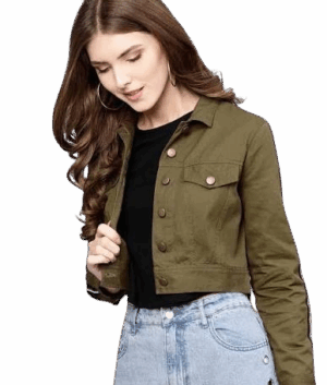 Chic Olive Green Cropped Denim/Cotton Jacket