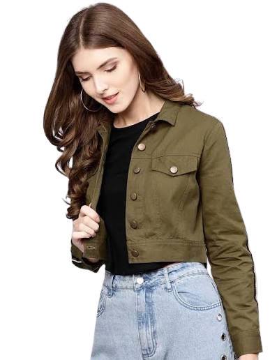 Chic Olive Green Cropped Denim/Cotton Jacket