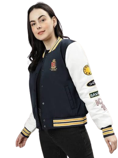 Classic Navy & White Varsity/Bomber Jacket with Patches