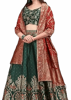 Dark Green Embroidered Lehenga Choli with Red Banarasi Dupatta