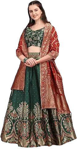 Dark Green Embroidered Lehenga Choli with Red Banarasi Dupatta