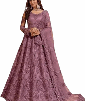 Designer Embroidered Anarkali Gown with Dupatta – Mauve Purple