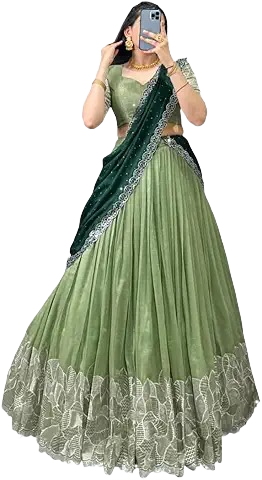 Designer Green Silk Lehenga Choli with Contrasting Dark Green Dupatta