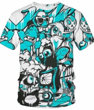 Drip Cartoon Chaos Graphic T-Shirt – White & Cyan