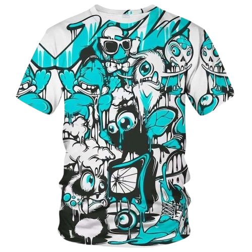 Drip Cartoon Chaos Graphic T-Shirt – White & Cyan