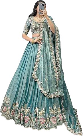 Elegant Teal Green Embroidered Net Lehenga Choli with Dupatta