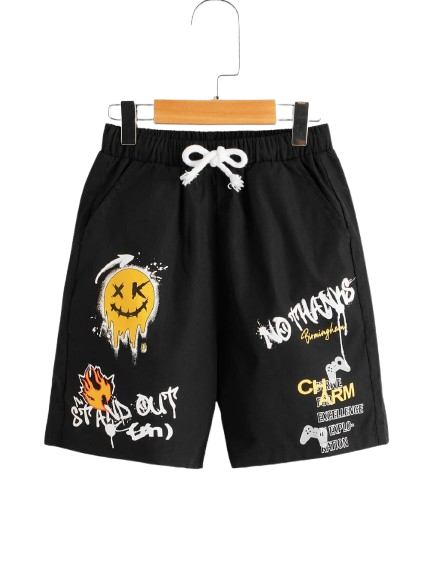 Black Graphic Print Streetwear Shorts