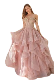 Blush Pink Tiered Tulle Ball Gown with Embellished Bodice
