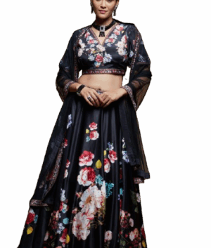 Black Satin Floral Printed Lehenga Choli with Dupatta